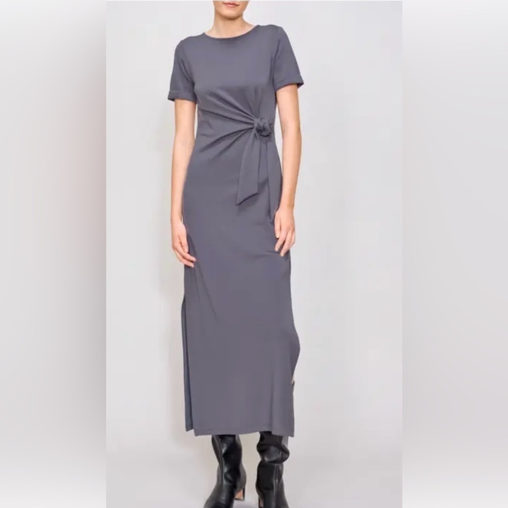 MELLODAY Elegant Gray Maxi Dress, Round Neck with Side Tie Detail and Side Slits